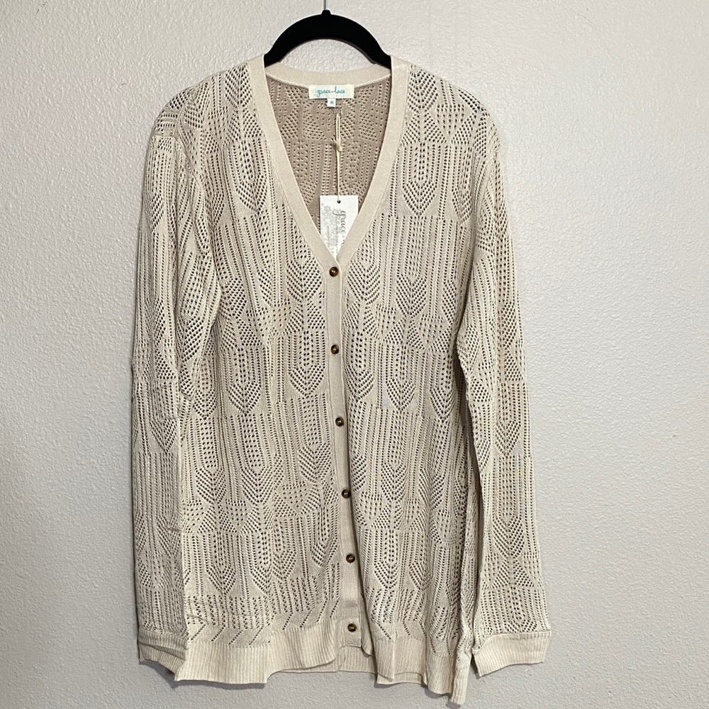 NWT Grace & Lace Double Knit Pointelle Cardi Tan Size XL
